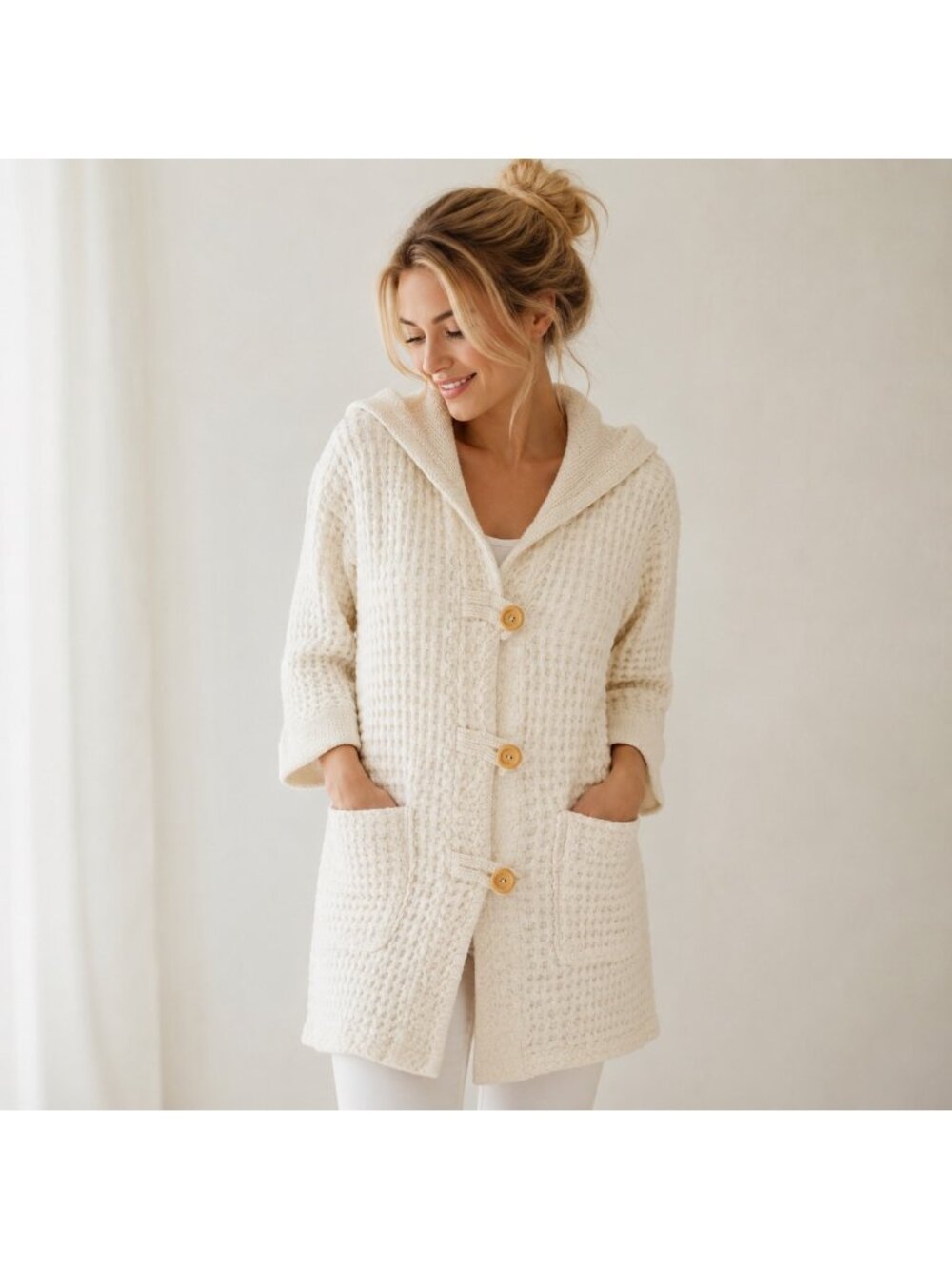 Carréblanc 100% Cotton Waffle Knit Hooded Cardigan Sweater Cream Ivory TU One Si